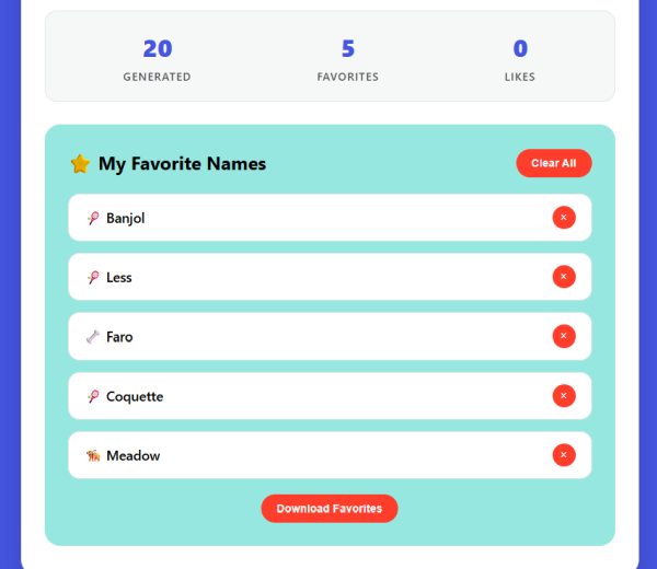 Dog name generator favorites list with saved names and download favorites button