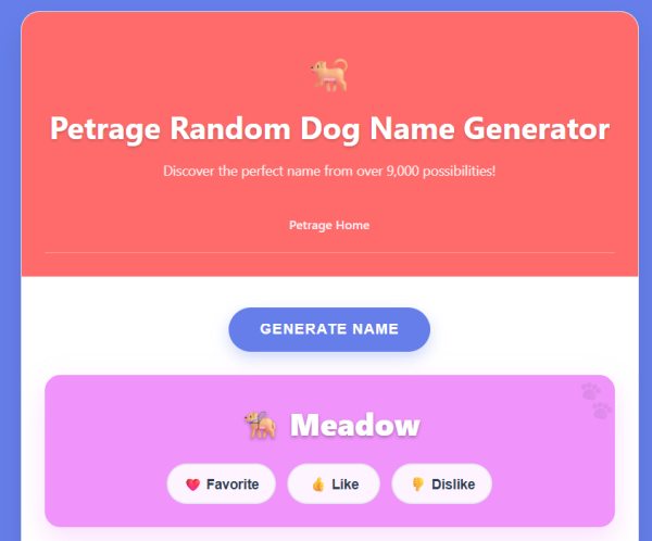 Dog name generator showing a generated dog name with favorite, like, and dislike buttons